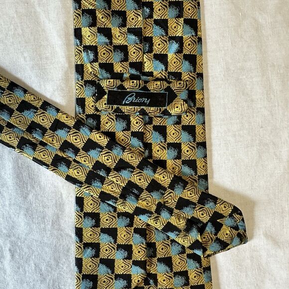 BRIONI Extra Long Suit Tie Silk Blue Black Gold Based Woven Handmade In Italy - Picture 1 of 16